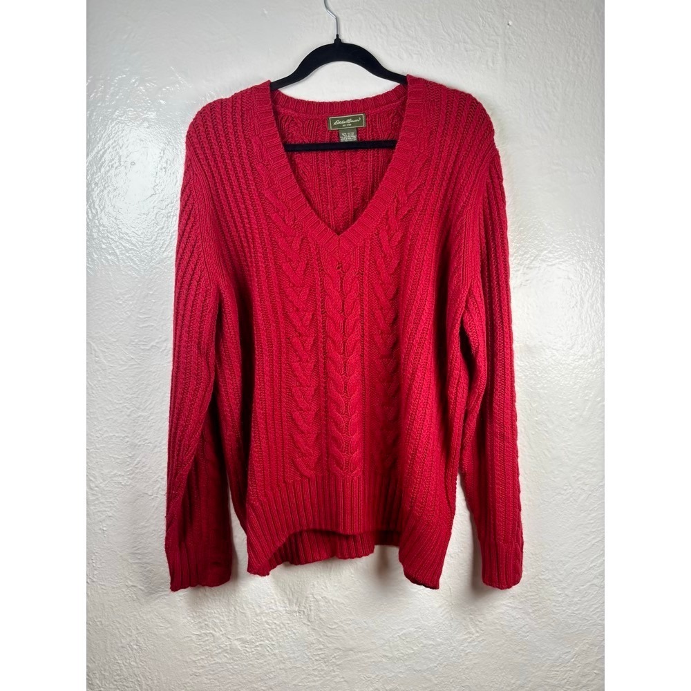 Eddie Bauer Sweater Red XL Tall Cable Knit V-Neck Angora Blend Luxury Academia